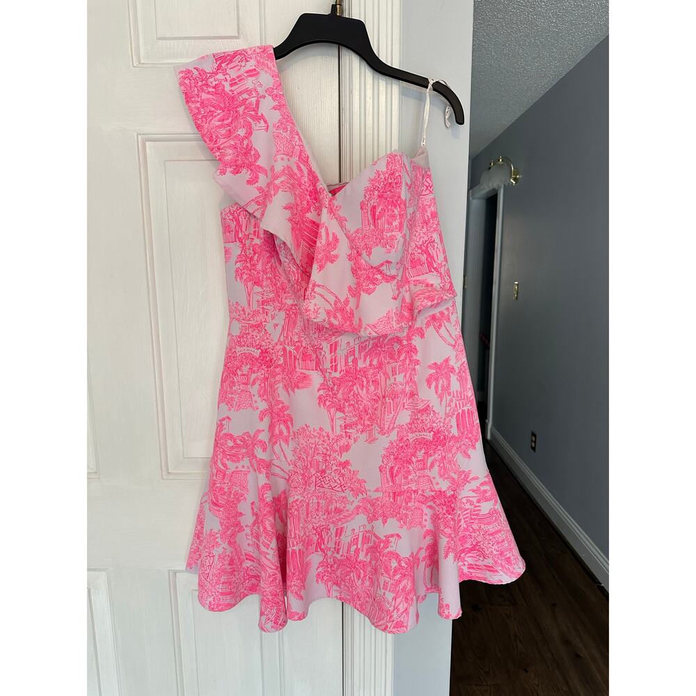 Lilly Pulitzer Pink and White One-Shoulder Ruffle Romper